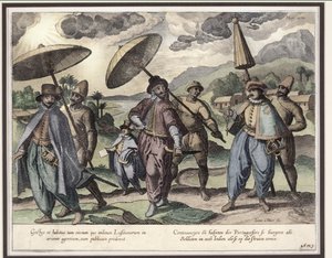 Portugiserne i Goa, illustration fra "Jan Huyghen van Linschoten, His Discourse of Voyages into the East and West Indies", 1579-92 (farvestik)